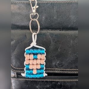 Blue And Cream Heart Beaded Keychain